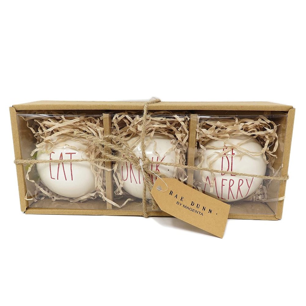 Rae Dunn EAT, DRINK, BE MERRY Ceramic Ornaments - Set of 3